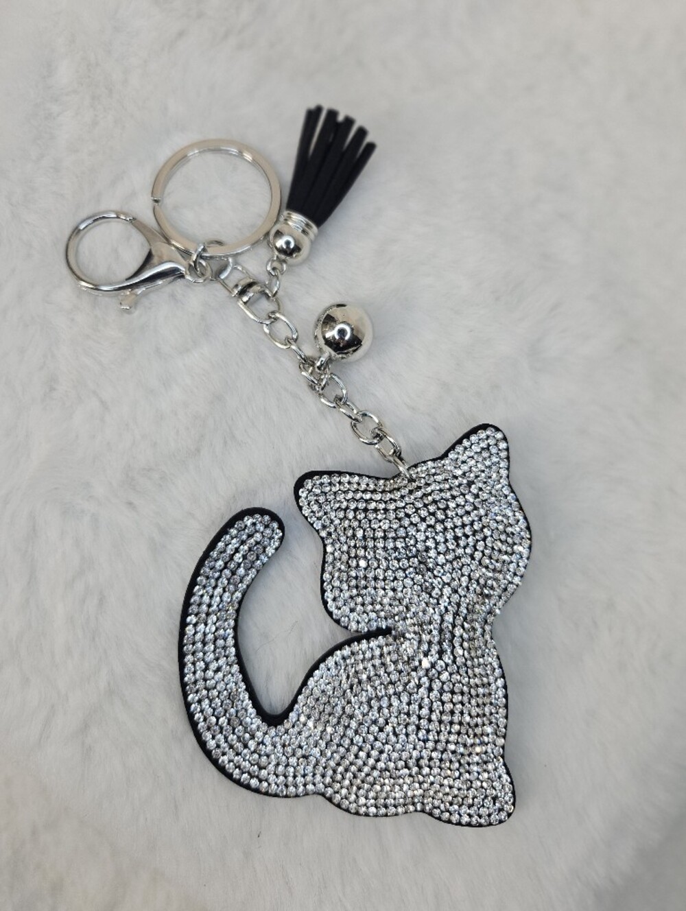 Cat Rhinestone Keychain Charm - Silver Sparkle